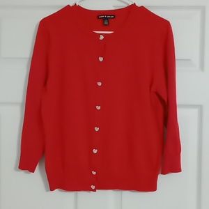 #450Cable&Gauge Women's Red Cardigan with heart shaped buttons. Size:Large